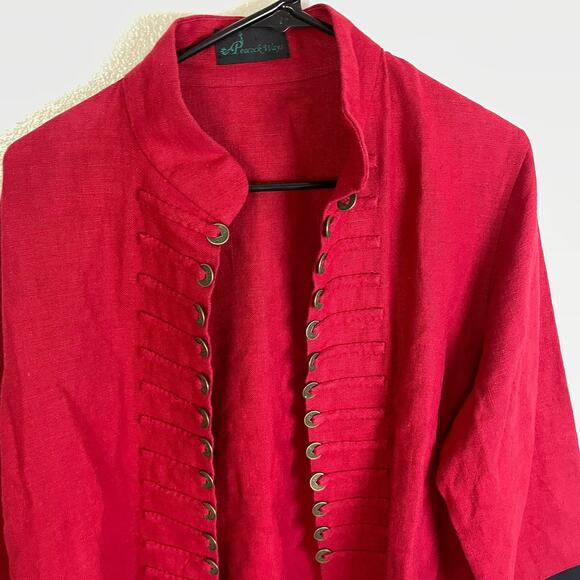 Peaccock Ways Linen Jacket Womens Red Black Chinese Coin Oriental Open Front - Picture 5 of 8